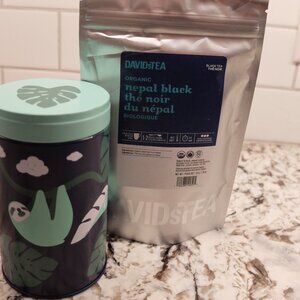 DAVIDSTEA Nepal black tea and a sloth tea canister